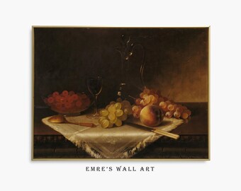 May include: A still life painting of a bowl of red berries, a glass of wine, a bunch of green grapes, a peach, and a silver pitcher on a white tablecloth. The painting is set against a dark background.