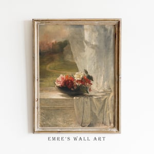 May include: A framed vintage-style painting featuring a still life of flowers in a dark bowl on a windowsill. The painting has a soft, muted color palette with a view of a landscape through a window. The text "EMRE'S WALL ART" is at the bottom.