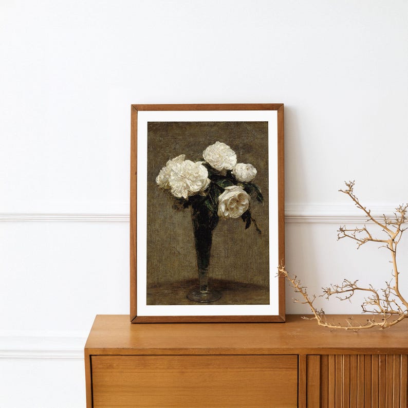 White Roses Oil Painting Print: Vintage Still Life Floral Wall Decor ...