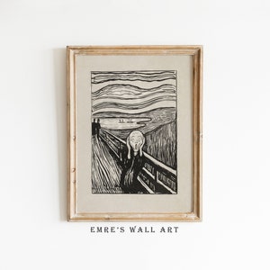May include: Black and white print of Edvard Munch's "The Scream" in a wooden frame. The print depicts a figure with a distorted face screaming against a swirling background.