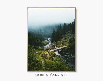 Foggy Pine Forest Print: Rustic River Landscape (Digital Download)