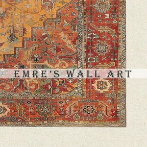 May include: A vintage rug with a red, orange and yellow colour scheme. The rug has a geometric pattern with intricate details. The rug is in good condition and would be a great addition to any home.