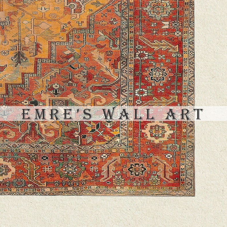 May include: A vintage rug with a red, orange and yellow colour scheme. The rug has a geometric pattern with intricate details. The rug is in good condition and would be a great addition to any home.