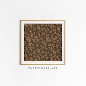 An antique-style botanical fabric art print featuring an intricate rustic textile pattern in warm brown tones. The design shows woven floral vines and leaves, arranged in an old-world tapestry style. The soft contrast between background and pattern gives a sense of depth and age. Ideal for vintage-inspired digital wall decor and home styling.