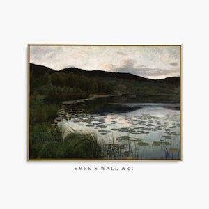 Lake Oil Painting Print, Vintage Lake House Wall Art, Rustic Nature Art Print, Antique Landscape Home Decor, DOWNLOADABLE Oil Painting Print