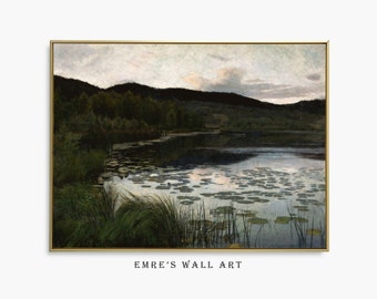 Vintage Lake House-olieverfschilderij: rustieke landschapskunst (downloadbaar)