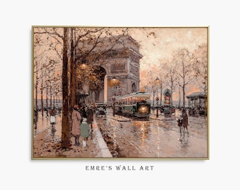 Vintage French Cityscape Painting, Neutral Scenery Painting, Vintage French Fall Art, Cityscape Autumn Wall Decor, Printable Autumn Decor