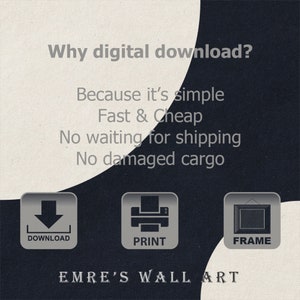 May include: A graphic with the text "Why digital download?" and the text "Because it's simple Fast & Cheap No waiting for shipping No damaged cargo".  Three buttons with icons for download, print, and frame.