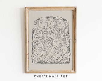 Vintage Faces Sketch Art Print: Antique Figure Drawing (Digital Download)