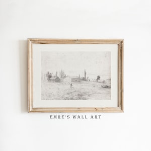 Vintage Farmhouse Drawing, Antique Landscape Sketch, Vintage Sketch Print, Sketch Wall Decor, Vintage Etching Drawing, Digital Download