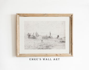 Vintage Farmhouse Landscape Drawing: Antique Sketch Print (Digital Download)