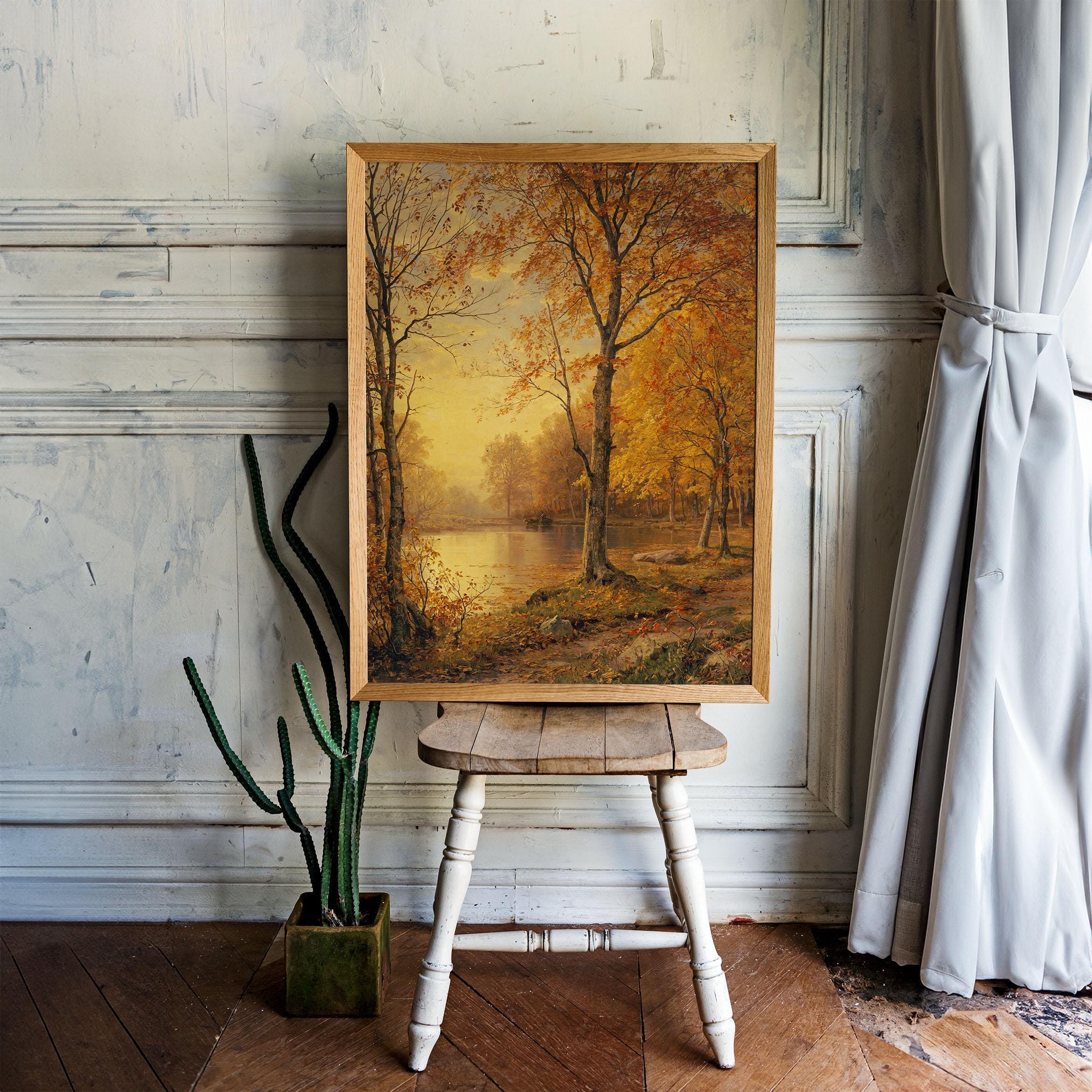 Rustic Autumn Lake Painting: Vintage Fall Landscape Art (digital