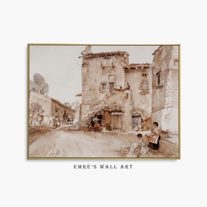 Vintage Countryside Watercolor Painting: Antique European Village (Digital Download)