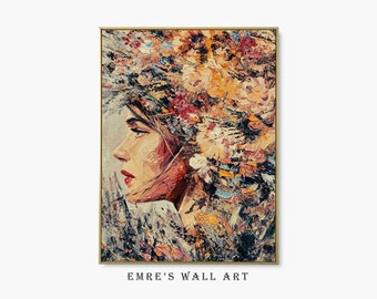 Impresión de pintura al óleo vintage de mujer: Retrato floral melancólico (descarga digital)