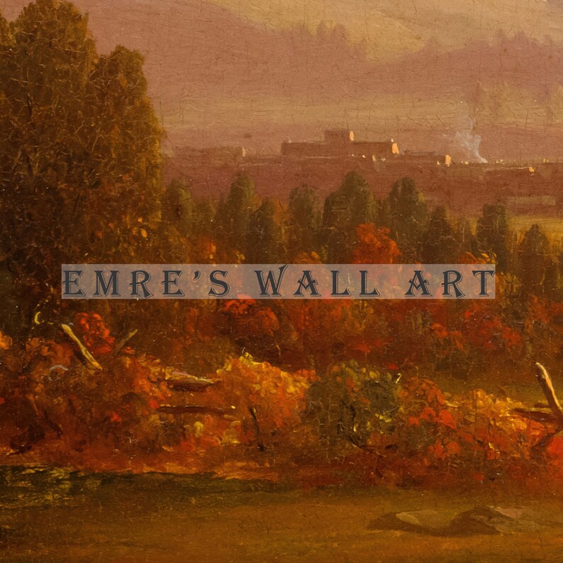 May include: A painting depicting a landscape with a distant town in the background. The foreground features a lush forest with trees in various shades of green, brown, and red. The sky is a soft, hazy pink.