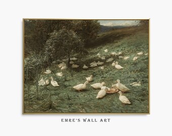 Cuadro vintage de patos: Impresión de paisaje de granja primaveral (descarga digital)