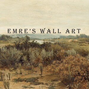 May include: A painting of a landscape with a river winding through a field of trees and bushes. The sky is a light blue with some clouds. The title "EMRE'S WALL ART" is written in black letters across the top of the painting.
