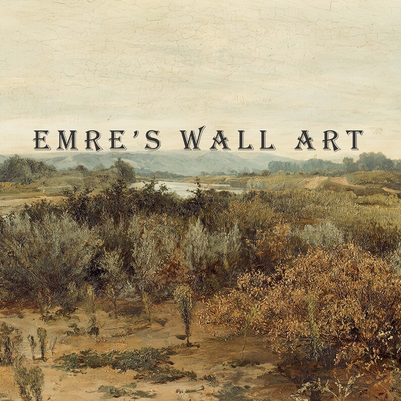 May include: A painting of a landscape with a river winding through a field of trees and bushes. The sky is a light blue with some clouds. The title "EMRE'S WALL ART" is written in black letters across the top of the painting.