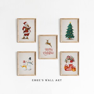 Conjunto de pôsteres natalinos retrô para parede: Papai Noel, árvore de Natal, boneco de neve (download digital)