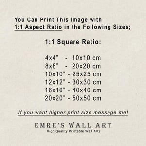 May include: Printable wall art size guide with 1:1 aspect ratio. Sizes include 4x4 inches (10x10 cm), 8x8 inches (20x20 cm), 10x10 inches (25x25 cm), 12x12 inches (30x30 cm), 16x16 inches (40x40 cm), and 20x20 inches (50x50 cm). Includes the text "EMRE'S WALL ART".
