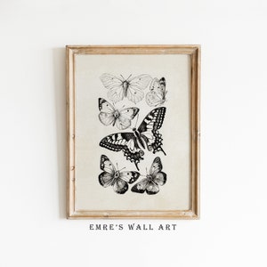 May include: Black and white illustration of butterflies in a framed print. The print features six butterflies, including a swallowtail butterfly, with a white background and a wooden frame.
