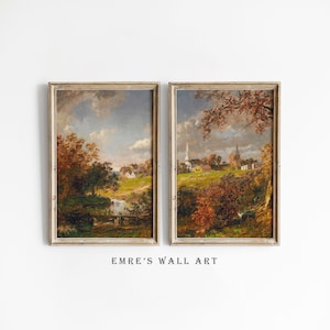 Autumn Landscape Oil Painting Set of 2 Prints, Vintage Rustic Country Decor, Printable Fall Wall Art, Vintage Landscape Painting Set