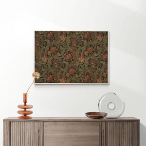 Antique rustic floral textile pattern featuring detailed vintage fabric textures and classic floral motifs. The design showcases flowing botanical elements in soft earthy tones, inspired by traditional cottage interiors and antique textiles. Aged fabric appearance and ornamental floral details create a timeless decorative look. Ideal as vintage textile wall decor with a warm rustic character, presented as a high-resolution digital print.