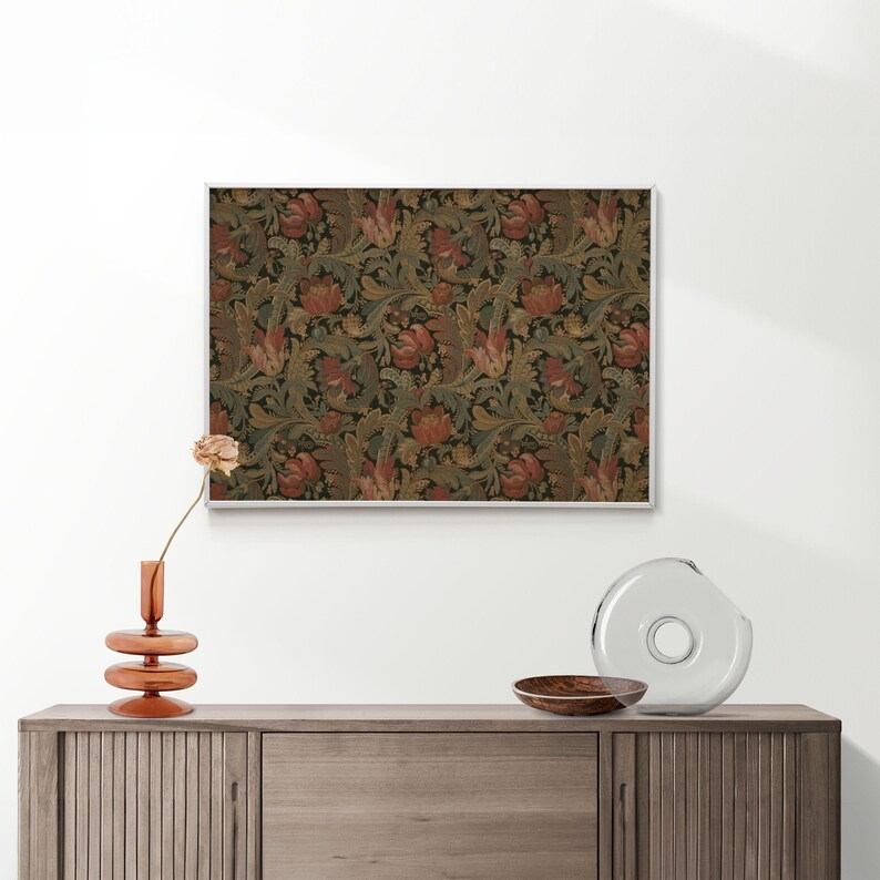Antique rustic floral textile pattern featuring detailed vintage fabric textures and classic floral motifs. The design showcases flowing botanical elements in soft earthy tones, inspired by traditional cottage interiors and antique textiles. Aged fabric appearance and ornamental floral details create a timeless decorative look. Ideal as vintage textile wall decor with a warm rustic character, presented as a high-resolution digital print.