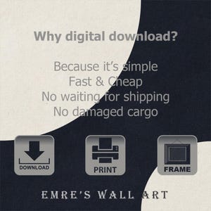 May include: An advertisement for digital art prints. Text explains the benefits: simple, fast, and cheap, with no shipping delays or damage. Icons for download, print, and frame are shown. The artist's name, "EMRE'S WALL ART," is at the bottom.