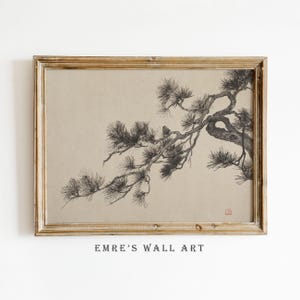 Antique Japanese Pine Branch Print, Sumi E Asian Neutral Drawing Art, Instant Download