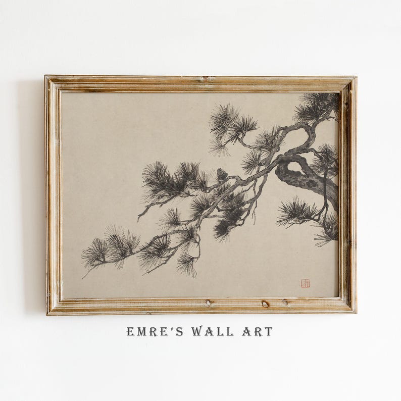 A vintage Japanese ink wash painting of a pine tree branch with detailed pine needles and a small pinecone against a textured beige paper background. The elegant black brushstrokes capture a minimalist, traditional East Asian artistic look. A small red artist seal is visible in the bottom right corner.