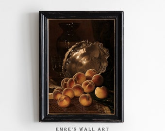 Vintage Peach Still Life Painting: Rustic Kitchen Wall Art (Downloadable)