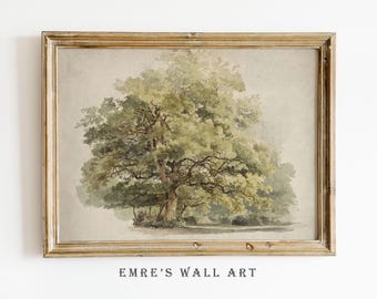 Vintage Tree Art Print: Rustic Watercolor Landscape (Digital Download)