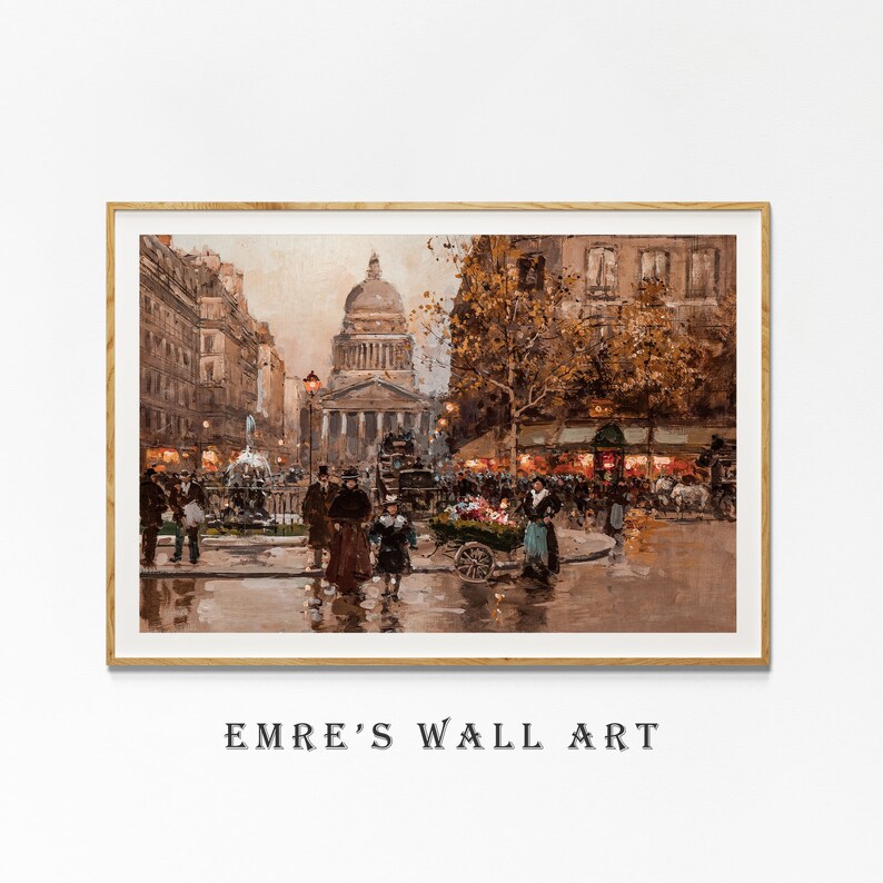 May include: A framed print of a vintage street scene in Paris, featuring a large domed building and bustling activity. The artwork has a warm color palette with muted tones, and the text "EMRE'S WALL ART" is at the bottom.