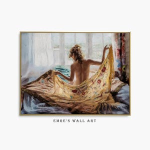 Naked Woman Sitting Bed, Vintage Naked Woman Portrait Print, Antique Female Oil Painting, Feminene Bedroom Art Download