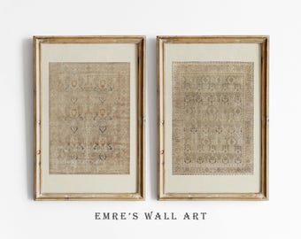 Antiker Teppich Muster Druck 2er Set: Beige Vintage Textile Wand Kunst (Digitaler Download)