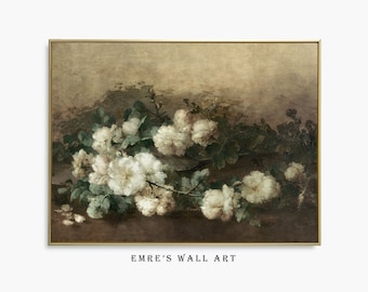 Pintura de rosas blancas vintage: bodegón botánico antiguo (descarga digital)