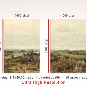 May include: A painting of a landscape with a river winding through a field of green and brown brush. The sky is a pale blue with a few clouds. The painting is in a vintage style.