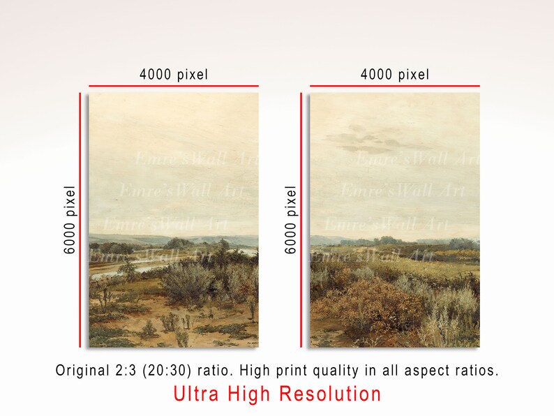 May include: A painting of a landscape with a river winding through a field of green and brown brush. The sky is a pale blue with a few clouds. The painting is in a vintage style.