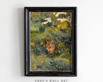 Vintage Cat Painting Print: Rustic Meadow Wall Art (Digital Download)