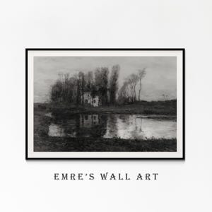 Vintage Charcoal Drawing, Rustic Landscape Sketch Print, Antique Black and White Drawing, Vintage Landscape Sketch DIGITAL DOWNLOAD