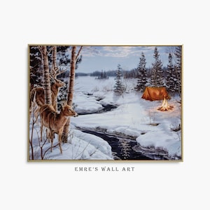 Vintage Deer Winter Landscape Painting Art Print (Digital Download)