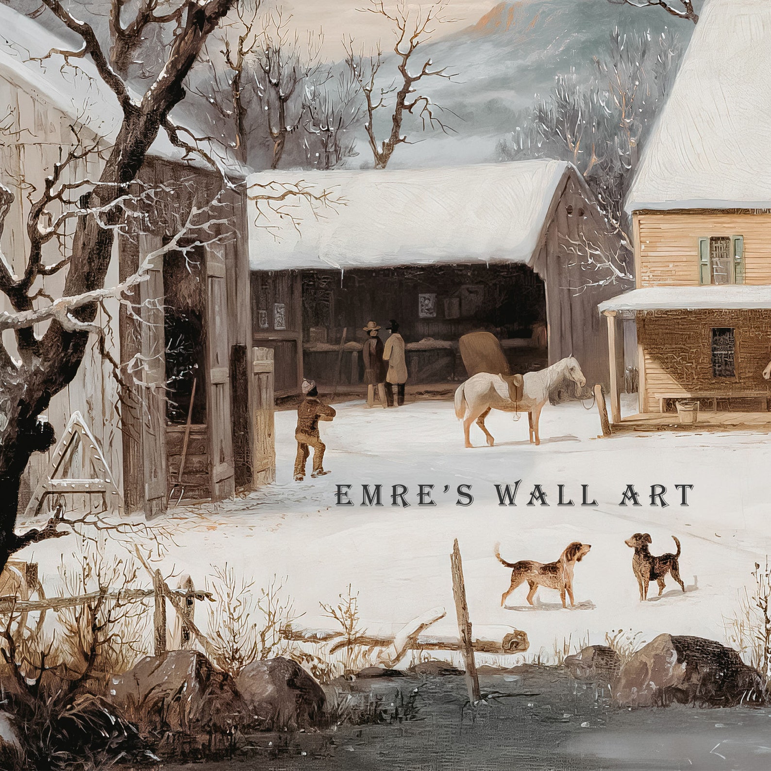 Rustic Winter Oil Painting Vintage Cottage Print Neutral - Etsy