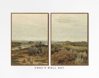 May include: A set of two framed landscape paintings depicting a rural scene with a river, trees, and a cloudy sky. The paintings are in a muted color palette of greens, browns, and blues.