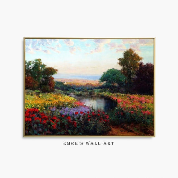 ヴィンテージの花の油絵：夏の草原の風景画（デジタルダウンロード