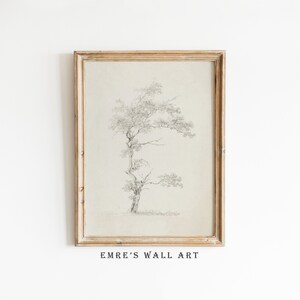 Vintage Tree Sketch Art Print, Neutral Landscape Drawing Wall Art, Vintage Sketch Drawing, Soft Farmhouse Wall Decor, Digital Printable