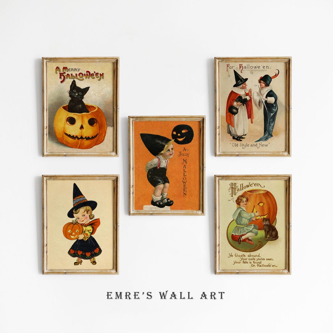 Vintage Halloween Print Set, Witch Pumpkin Black Cat Wall Art (digital ...