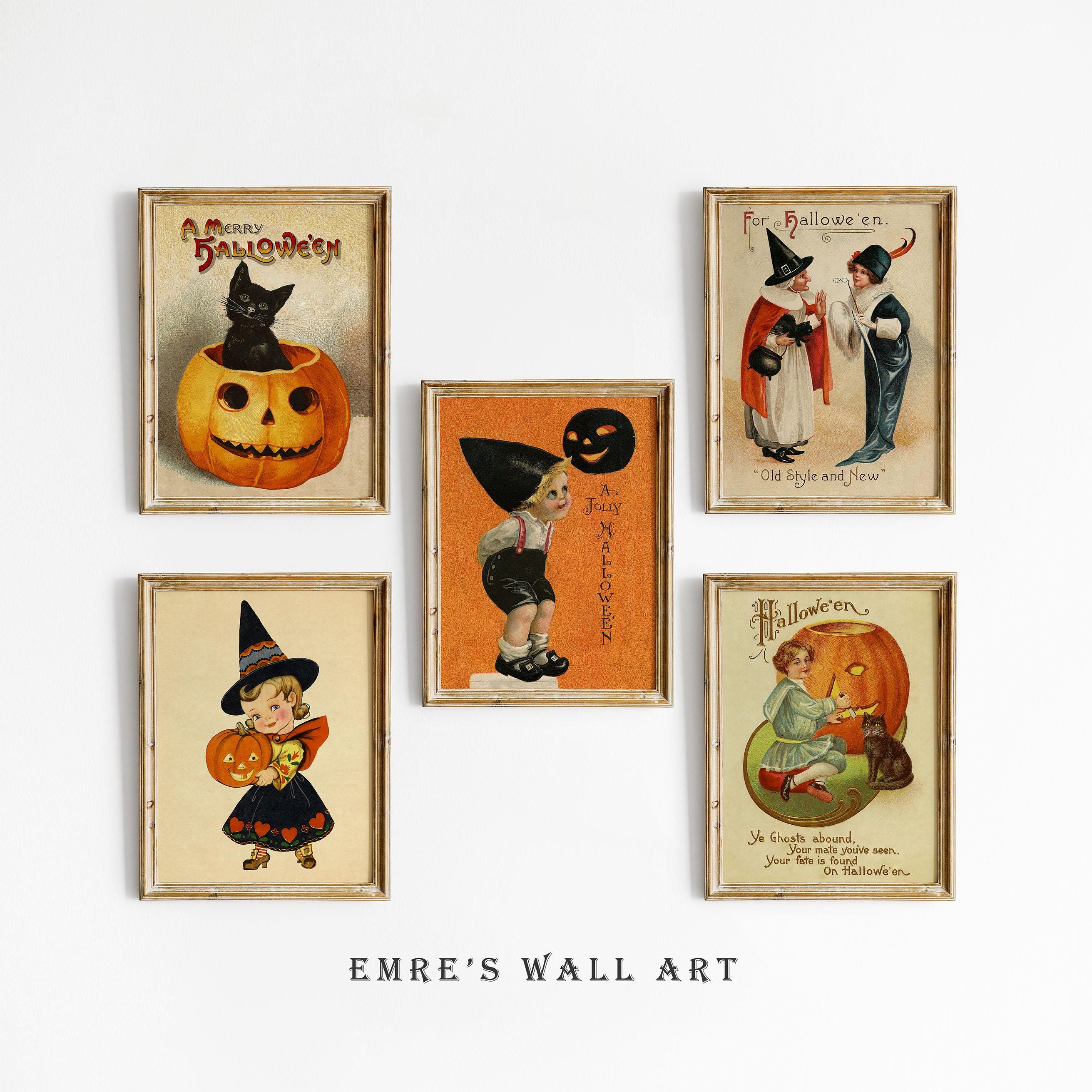 Vintage Halloween Print Set, Witch Pumpkin Black Cat Wall Art (digital ...