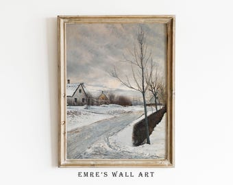 Dipinto di paesaggio invernale innevato d'epoca: arte murale rustica neutra (download digitale)