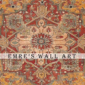 May include: A vintage rug with a red, orange, and beige colour scheme. The rug features a complex geometric pattern with intricate details. The text "EMRE'S WALL ART" is printed across the bottom of the rug.